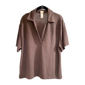H&M Slub Knit Deep V-Neck Collared Top Taupe Size L